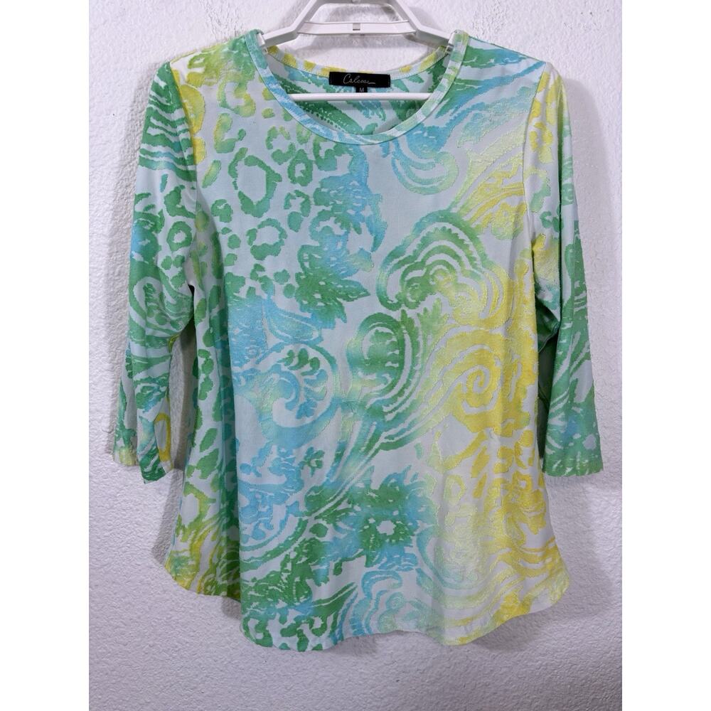 Calessa‎ Top Womens Size M Rayon Blend Pasley 3/4 Sleeve Multicolor Artsy